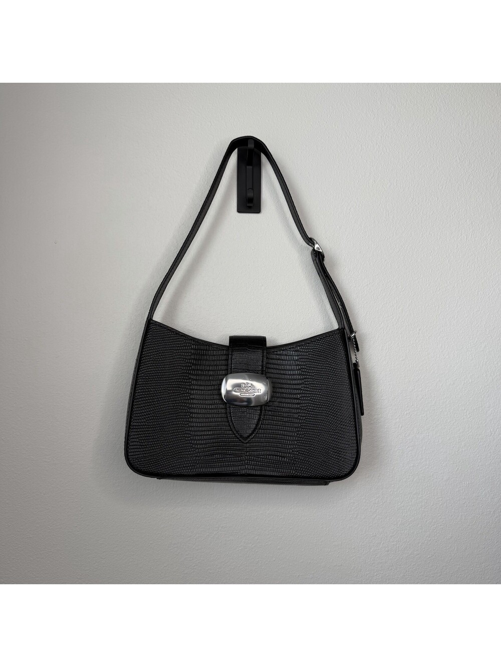 Coach Women’s Black Embossed Shoulder Bag Silver Buckle, “Eliza”, Lined Pockets